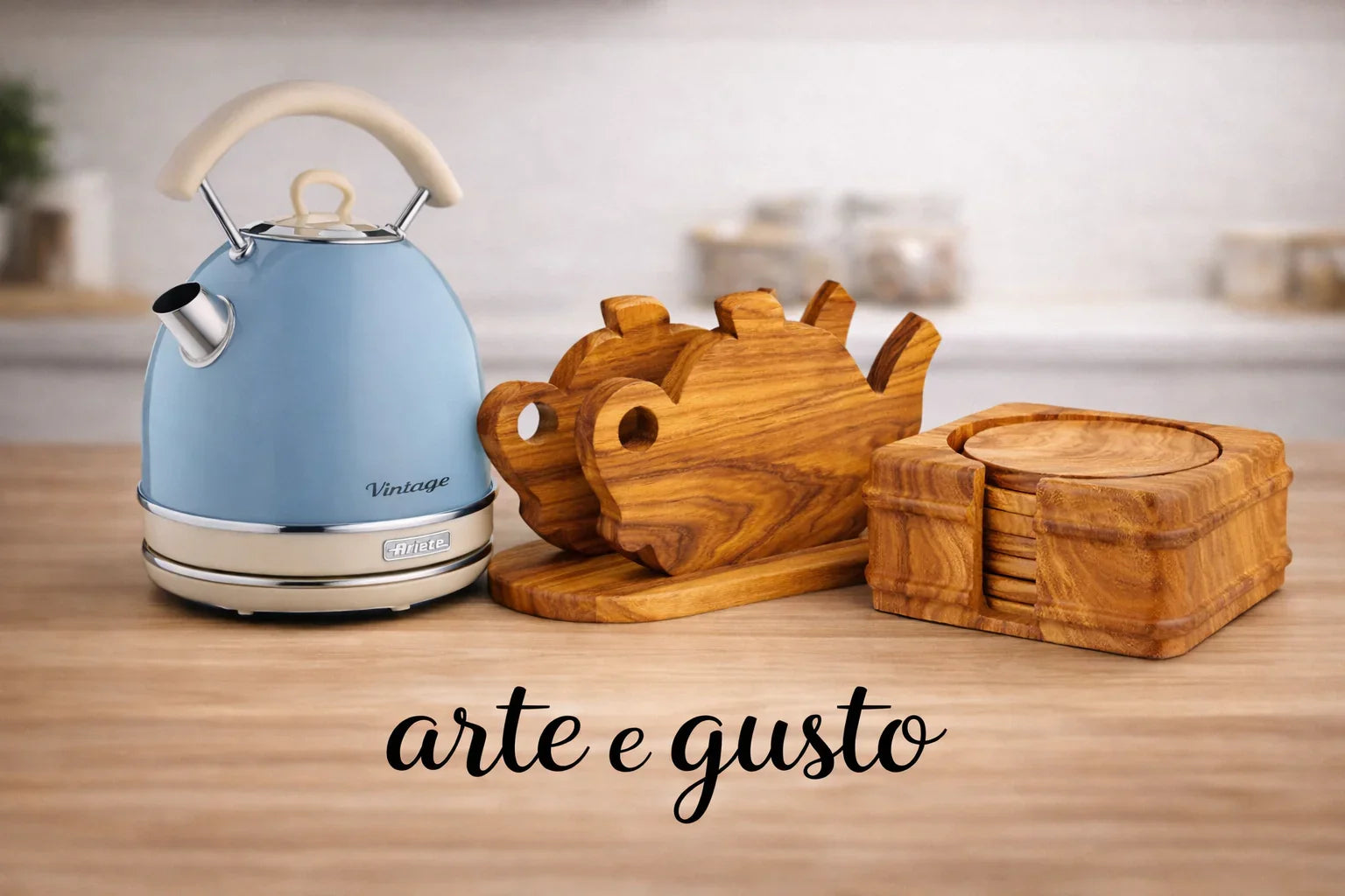 Set Tea Time Vintage – Bollitore Ariete & Accessori in Ulivo Artigianale – Arte e Gusto