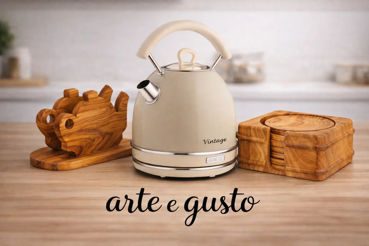 Set Tea Time Vintage – Bollitore Ariete & Accessori in Ulivo Artigianale – Arte e Gusto