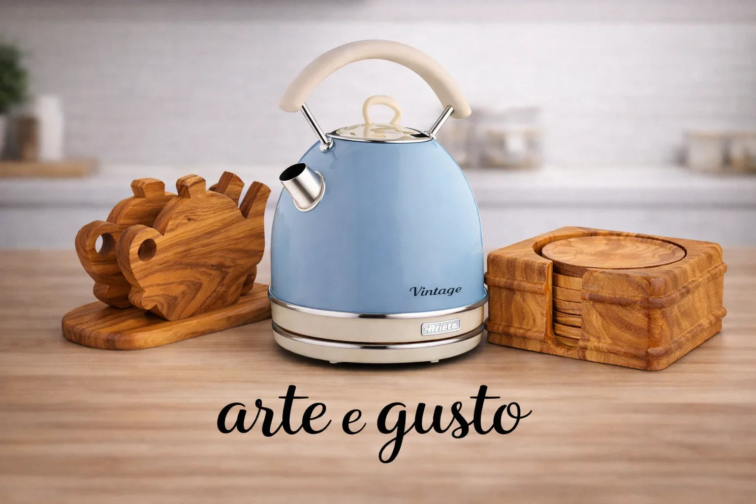 Set Tea Time Vintage – Bollitore Ariete & Accessori in Ulivo Artigianale – Arte e Gusto